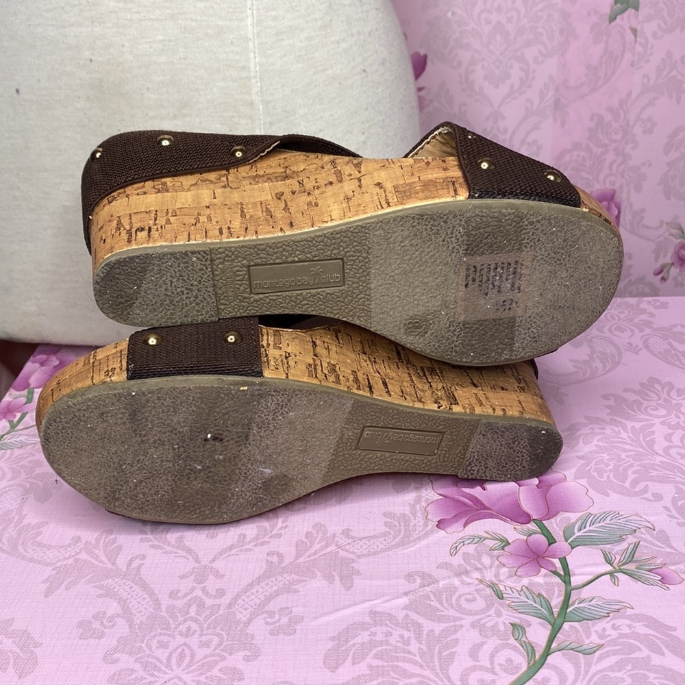 🌹 Montego Bay Club 🌹 NWOT Brown Corkscrew Slip On Platform Wedge Sandals - Picture 10 of 10